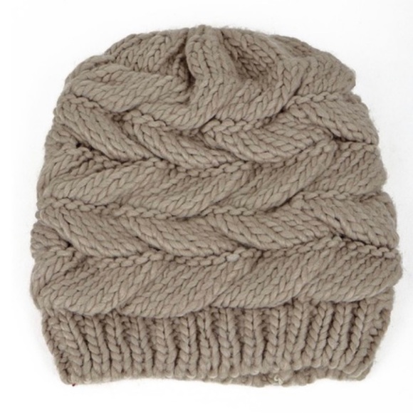 Soft Knit Messy Bun / Ponytail Beanie Taupe - Picture 2 of 4